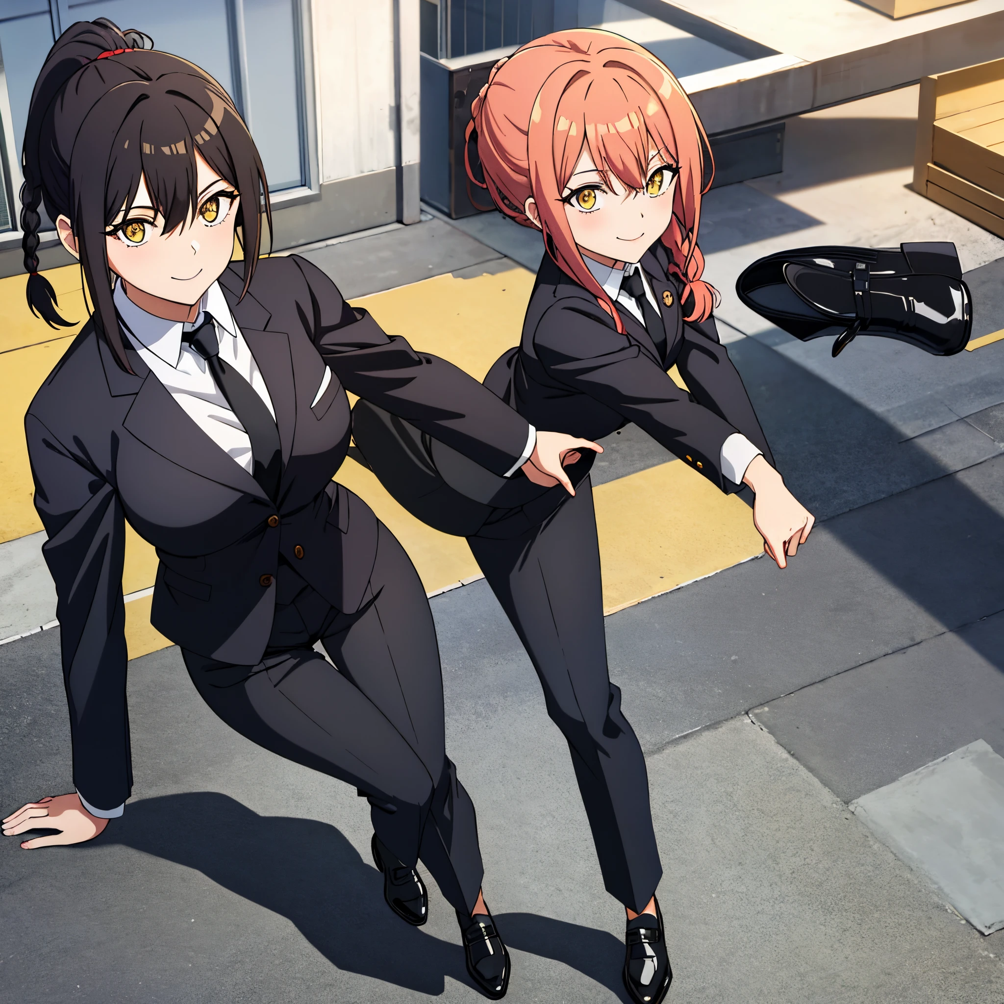 ((masterpiece)), ((best quality)), 1girl, bangs, black_footwear, black_necktie, black_pants, braid, braided_ponytail, breasts, business_suit, collared_shirt, eyebrows_visible_through_hair, formal, light_smile, short_sleeves, showing_off_armpit, looking_at_viewer, makima_(chainsaw_man), big_breasts, medium_hair, necktie, pants, ringed_eyes, shirt, shirt_tucked_in, sitting, smile, solo, suit, yellow_eyes, corneo_makima,
