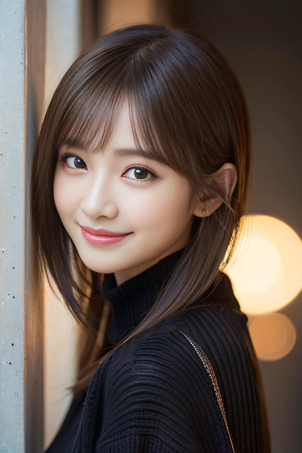 masterpiece, Highest quality, Super detailed, 複雑に詳細なSuper detailed, Realistic, Sharp features, Very detailed, Sharp focus, Perfect Face, Perfect Face, Perfect symmetrical perfect eyes, Perfect Plump Lips, Flexible female form, Cinematic, Film Light, Super detailed, hyper Realistic, High resolution, Vibrant, Dynamic Studio Lighting, ((Dark Background)), (A modest smile), (Captivating smile), Light brown hair, Asymmetrical Hair, Asymmetrical bangs, Messy Hair, Exposed cleavage, Brown eyes, Black sweater, Cowboy Shot,