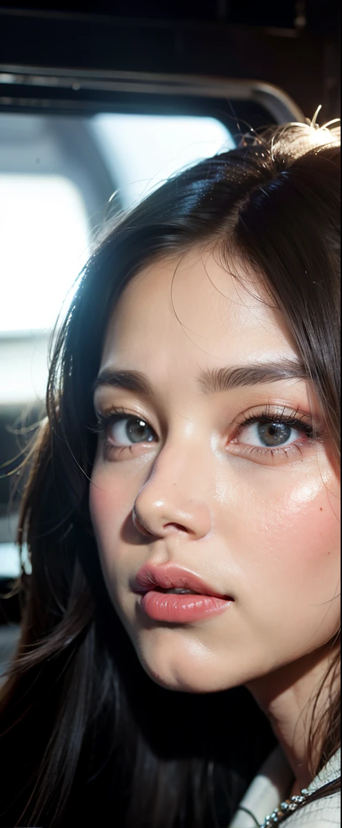 girl driving spaceship,Perfectly realistic facial details,Perfect lashes,Perfect hair shine,Have technological equipment,Perfect light effects,Cyberpunk style city,There are sci-fi cars,There is a sci-fi train,There are lasers,There are lasers,In the universe