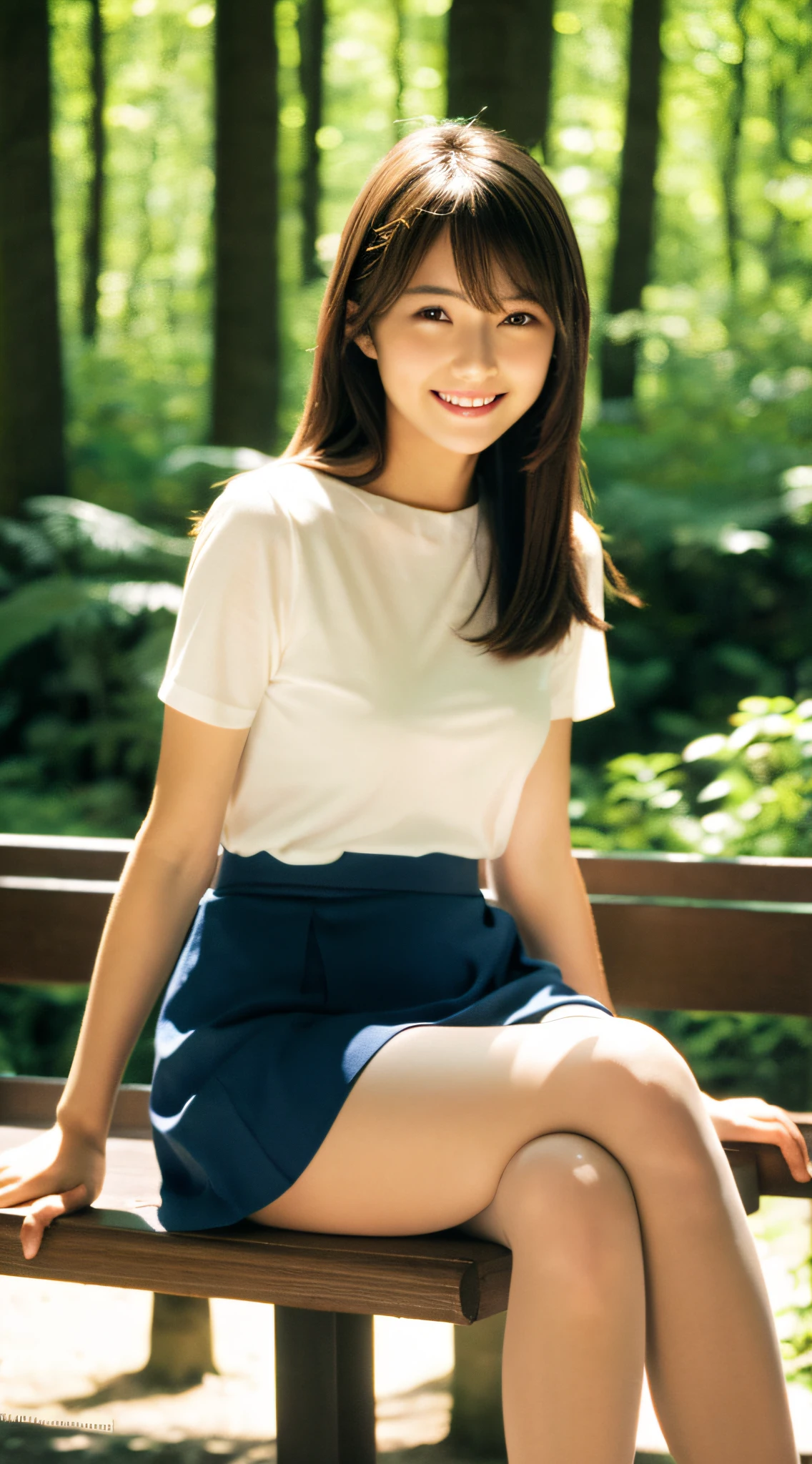 (Best Quality, masutepiece, Ultra HD: 1.3, High brightness, High color saturation), 1girl in, (middlebreasts), light brown hair, Asymmetrical hair, straight haired, Long hair, ( slender body shape, Constricted waist), (Ultra Fine Face), Delicate lips, (beautidful eyes), thin blush, eyes are brown, perfect glossy skin, View here, Smiling smile, ( hide one's hands), (Sitting on a bench), (thin and long legs, Thighs and toes:1.5), See-through white blouse, Blue tight skirt, (Black stockings), (a japanese girl, hposing Gravure Idol), Broad-leaved forest, 135 mm, Fuji Film