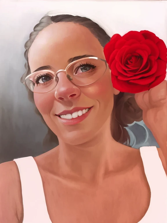 painting of a woman with glasses and a rose in her hair, arte digital. @mariomaniacdude, arte digital, mas foto, #1 pintura digital de todos os tempos, # 1 pintura digital de todos os tempos, pintado digital, Retrato NFT, uma pintura digital, inspirado em Thomas Blackshear, retrato digital, dor digital, autorretrato realista