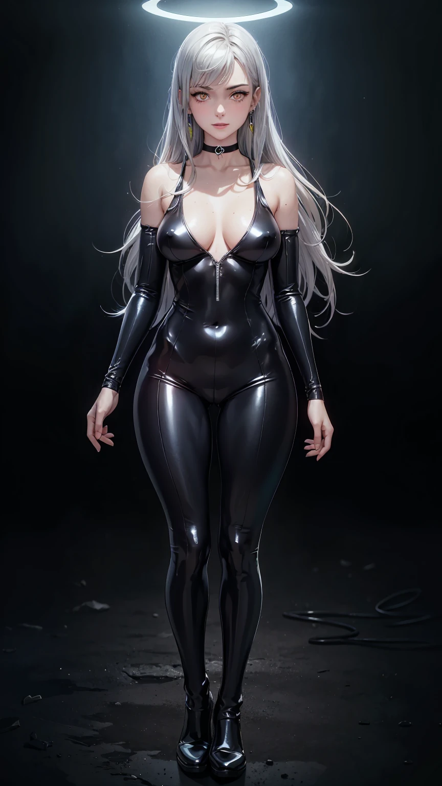 ((((masterpiece, best quality, high resolution)))), (1girl:1.5), ((long silky hair, silver hair, yellow eyes, earrings, choker)), (medium breasts:1.2), blush, light smile, parted lips, glow, thighs, bare shoulders, collarbone, narrow waist, (slender body figure), cleavage, (beautiful detailed face, beautiful detailed eyes), ((Gantz full bodysuit, tight bodysuit, neon light accessories)), ((standing up)), looking at viewer, nighttime,