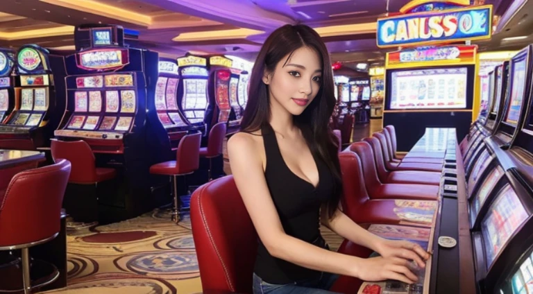 High qualityสุด, Masterpiece, 1 woman, Beautiful face, (ภาพถ่ายเสมือนTRUE:1.3), Light around the wheel rim, (Highly detailed skin:1.2), 8K UHD, dslr, High quality, high definition, 4K, 8k, Bokeh, (TRUE: 1.3), small face, A cute girl, black formal blazer, middle breast, short skirt,office (random background,In casinos,VIP casino room, Modern Casino Console, Modern Slot Machines )
