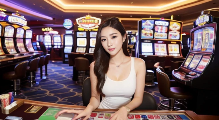 (lifelike, high-res:1.3), 1 Girl with perfect body, Ultra-fine face and eyes,long White hair, Random color tank top:1.2, shorts jeans, In a café, Coffee on the table, big nipple,(Play Slot Machines,PG slot games),(Random background,In casinos,VIP casino room, Modern Casino Console, Modern Slot Machines )