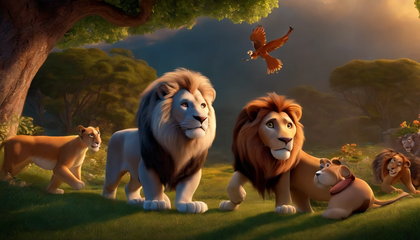 "Imagine a movie poster in the unmistakable Disney Pixar style. a pixa Disney cartoon of biblical time city in heaven, a 7 girl playing and running around with lions, in heaven very beautiful with big tall houses, bible times, a very beautiful place in heaven, birds flying in the sky, beautiful tress, animals, lions, tigers playing animated film, 3 d animated movie, animated still, animated movie, (8k) (Cinematic lighting) , photo, 3d render, cinematic, The scene is masterfully executed in Pixar's signature art style, where the expressions of the characters are the central focus. Cores vibrantes preenchem o quadro, criando uma atmosfera visualmente atraente. Textures are precisely detailed, adding depth to the image. The end result perfectly captures the distinctive characteristics of Disney Pixar animations, promising an immersive and magical cinematic experience."