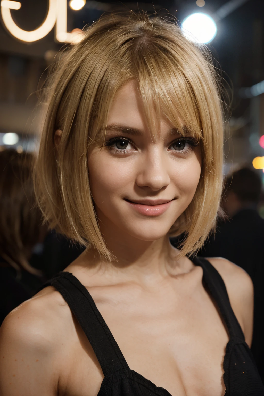 realism, blonde, cute, petite, bob hair, smile,best quality,night club