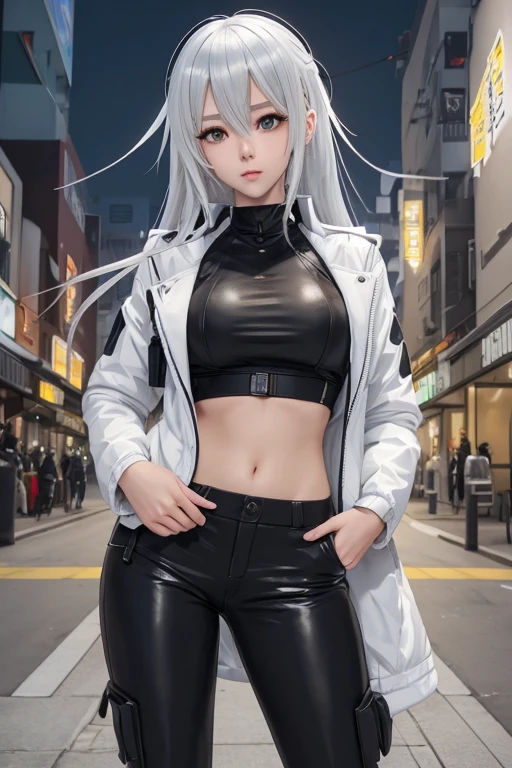 a woman in black pants and a white jacket standing on a street, female anime character, single character full body, seductive anime girl, anime full body illustration, girls frontline style, anime character, attractive anime girl, anime vtuber full body model, from girls frontline, silver eyes full body, as an anime character, perfect white haired girl, full body single character