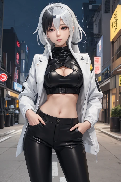 a woman in black pants and a white jacket standing on a street, female anime character, single character full body, seductive anime girl, anime full body illustration, girls frontline style, anime character, attractive anime girl, anime vtuber full body model, from girls frontline, silver eyes full body, as an anime character, perfect white haired girl, full body single character