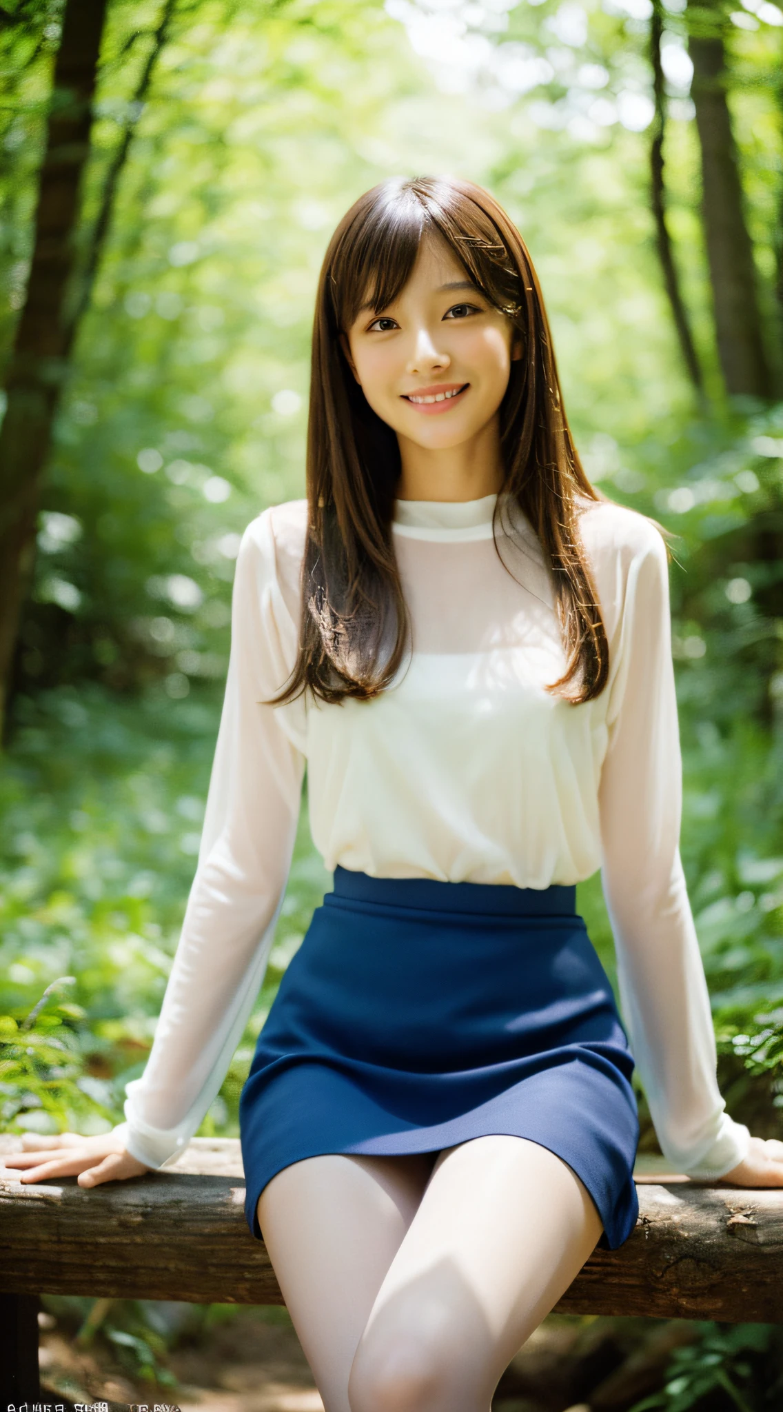 (Best Quality, masutepiece, Ultra HD: 1.3, High brightness, High color saturation), 1girl in, (middlebreasts), light brown hair, Asymmetrical hair, straight haired, Long hair, ( slender body shape, Constricted waist), (Ultra Fine Face), Delicate lips, (beautidful eyes), thin blush, eyes are brown, perfect glossy skin, View here, Smiling smile, ( hide one's hands), (Sitting on a bench), (thin and long legs, Thighs and toes:1.5), See-through white blouse, Blue tight skirt, (Black stockings), (a japanese girl, hposing Gravure Idol), Broad-leaved forest, 135 mm, Fuji Film