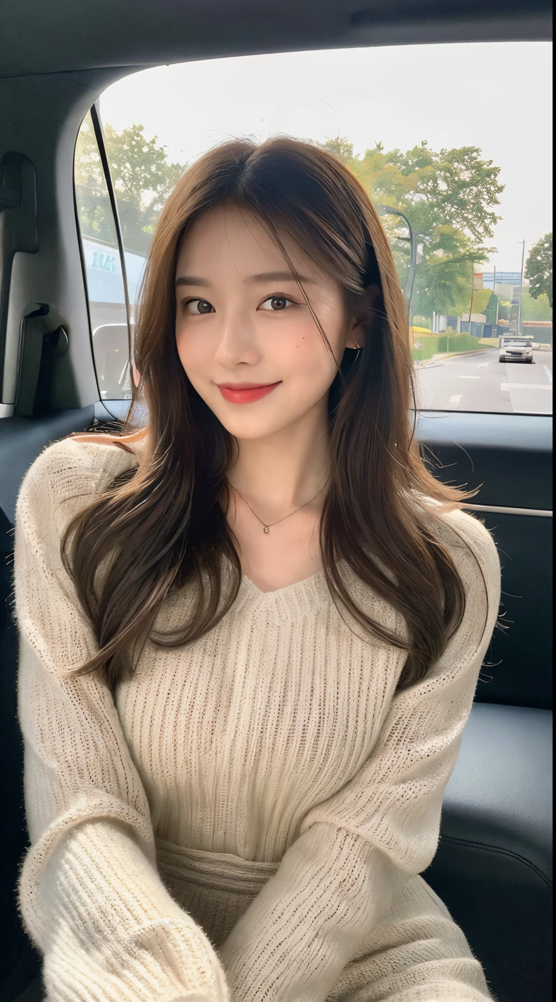 ((Best quality, 8k, Masterpiece :1.3)), 1girl,sea,Pretty woman with slender, Huge breasts, Long Hair,Half Smile, Bell Sleeve Sweater,Ultra-detailed face,Leaning Forward, cute eyes, Double eyelid,Lying Down