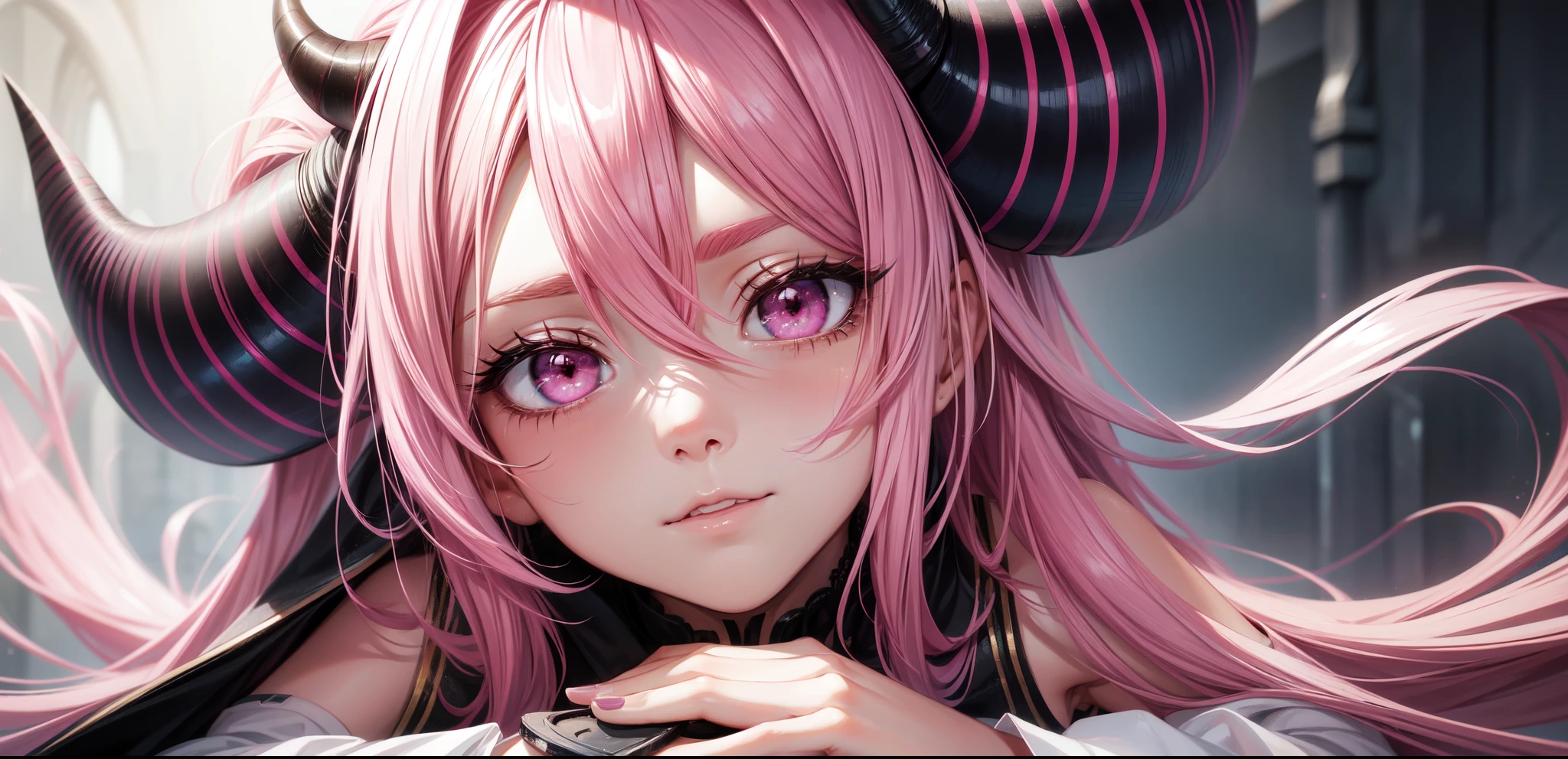 1girl, pink hair, long hair, hd quality, 4k, 8k,,eyes, face, pink hair, black horns, eyes closeup, eyes, beautiful eyes, evil eyes, narrow eyebrows, pretty iris, eyes, eyes close up