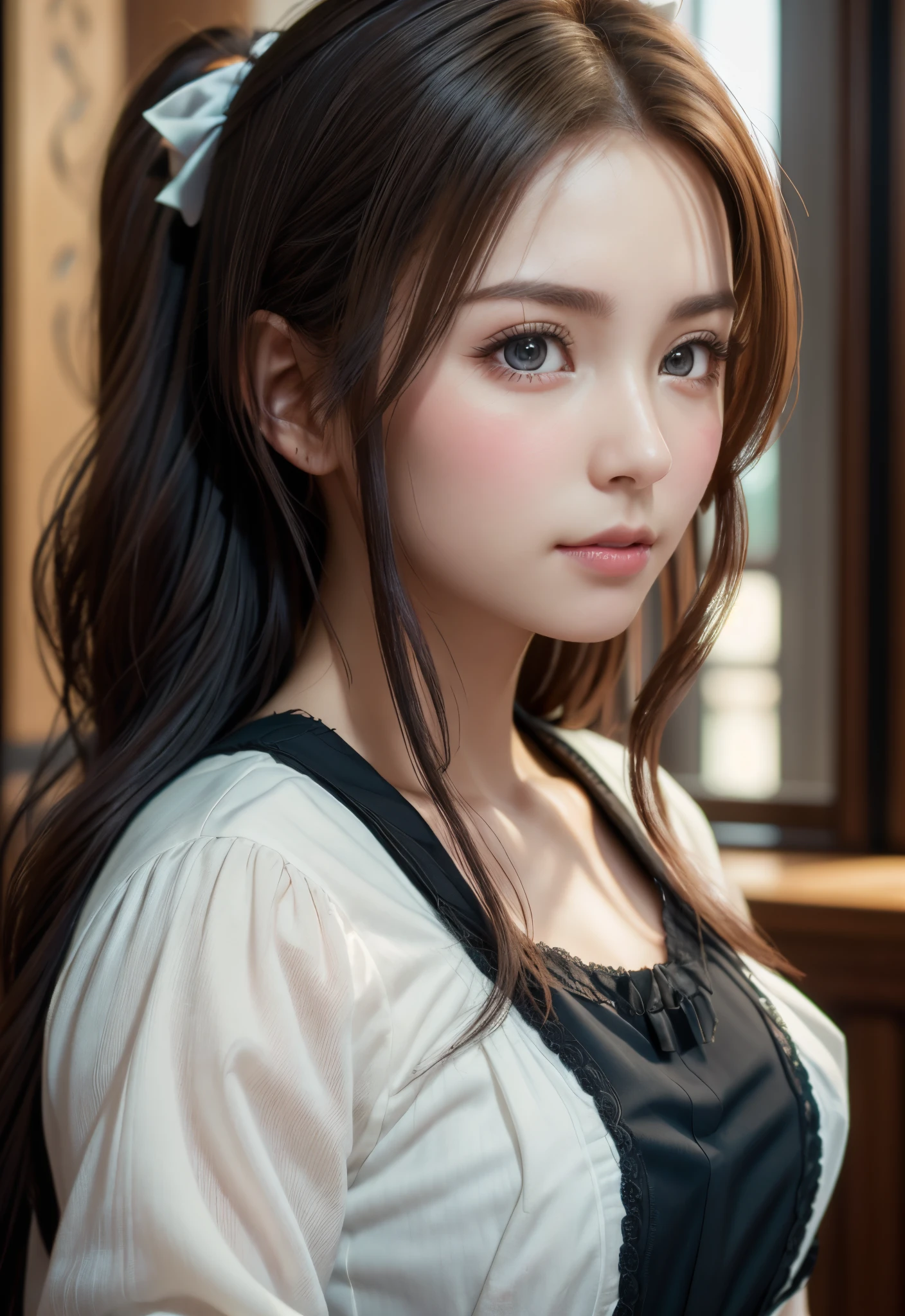 8K, of the highest quality, masutepiece:1.2), (Realistic, Photorealsitic:1.37), of the highest quality, masutepiece, Beautiful young woman, Pensive expression,、A charming、and an inviting look, Cute Maid Clothes, Hair tied back, Cinematic background, Light skin tone