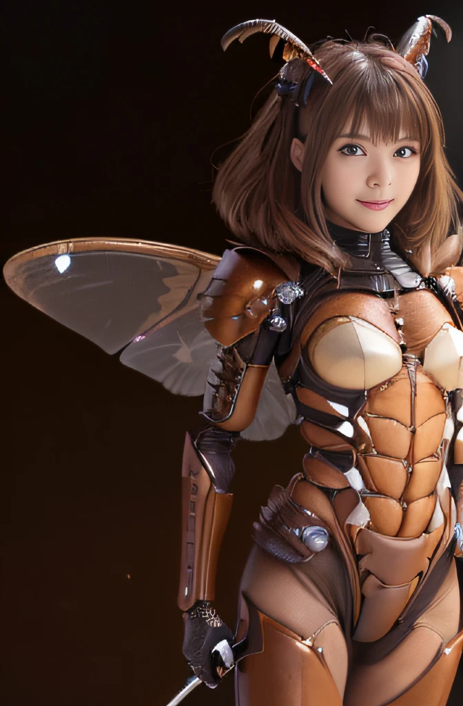 (high resolution,masterpiece,best quality,extremely detailed CG, anime, official art:1.4), realistic, photo, amazing fine details, all intricate, gloss and shiny,awesome many layers, 8k wall paper, 3d, sketch, kawaii, illustration,( solo:1.4), perfect female proportion,villainess, (fusion of dark brown cockroach and lady:1.4), (brown cockroach form lady:1.2), (brown cockroach lady:1.2), (fusion:1.2), (solo:1.4), (evil smile:1.2), muscular, abs, (cockroach brown exoskeleton bio insect suit:1.4), (cockroach brown exoskeleton bio insect armor:1.2), (brown transparency cockroach wing:1.4), (brown cockroach antennae:1.3),