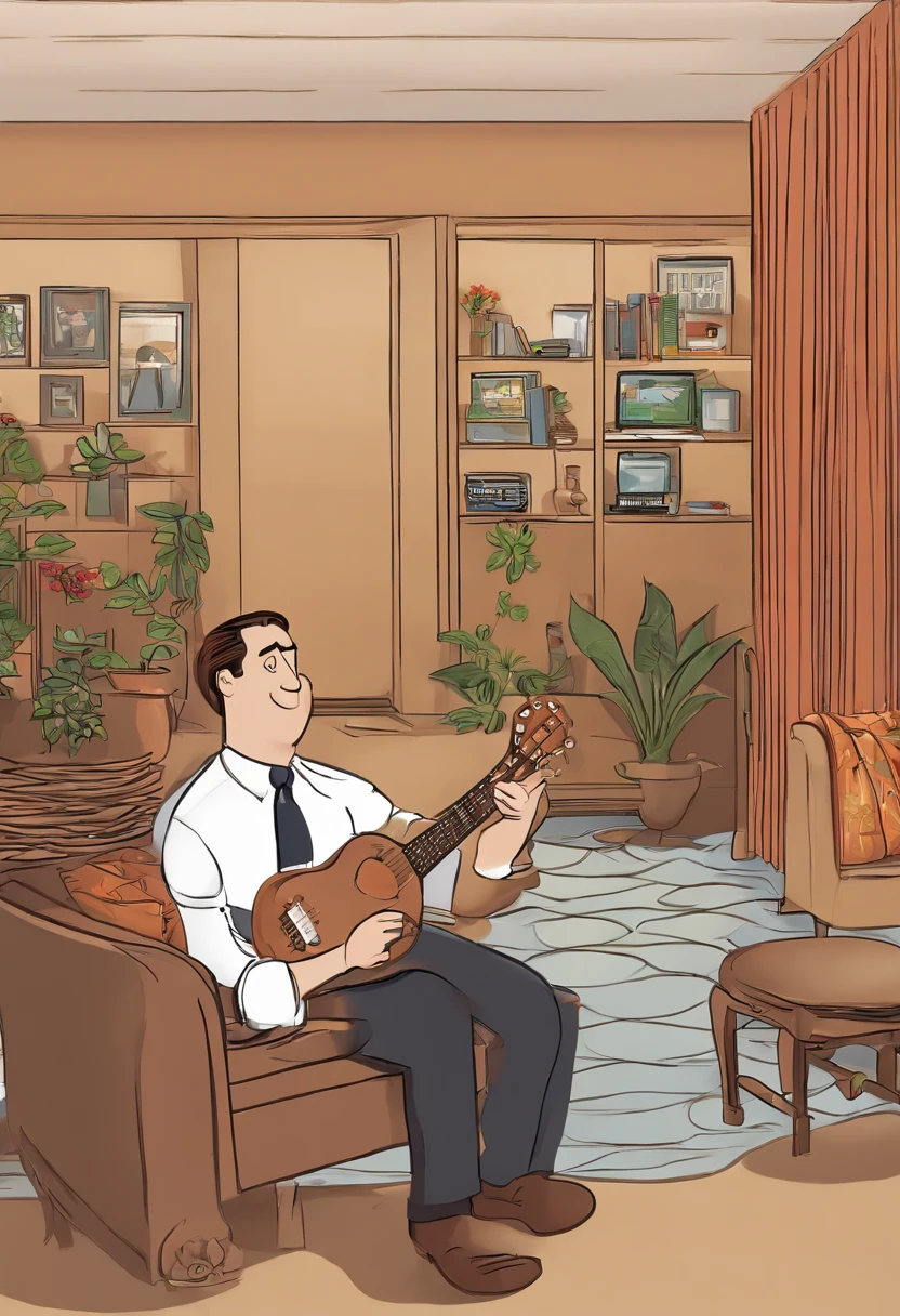 A photo of Michael attempting to learn how to play the ukulele.,The Office TV show,Michael Scott, the fictional character from “The Office,” is a middle-aged man with a receding hairline and a penchant for ill-fitted suits, which adds to his somewhat awkward and unpolished appearance. He often carries a goofy, sometimes childlike expression, complementing his attempts to be liked and seen as humorous by his employees.