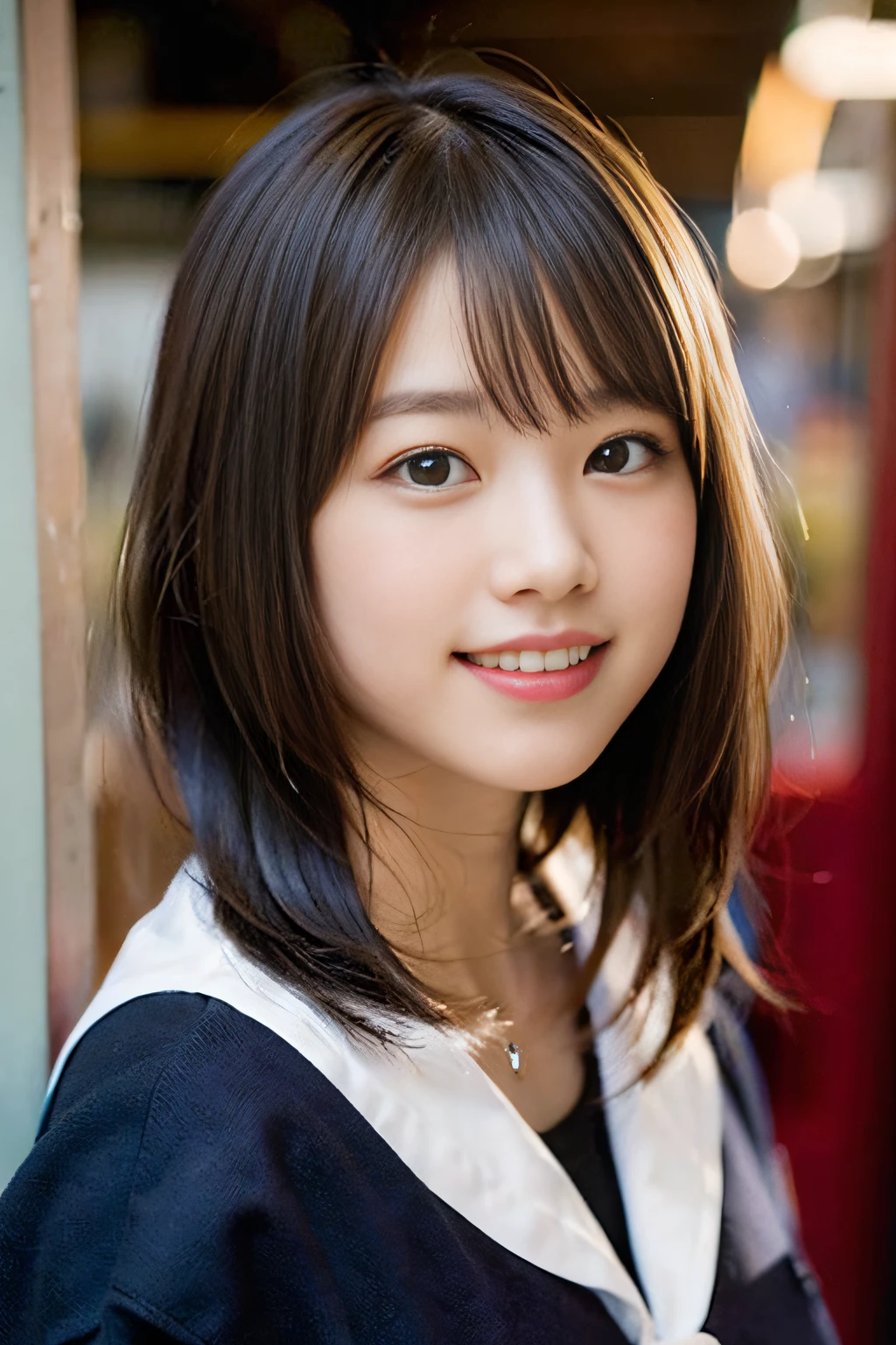 (8K、Raw photography、top-quality、​masterpiece:1.2)、(realisitic、Photorealsitic:1.37)、ultra-detailliert、超A high resolution、女の子1人、see the beholder、beautifull detailed face、A smile、Constriction、(Slim waist) :1.3)、Beautiful detailed skin、Skin Texture、Floating hair、Professional Lighting、Whole human body、Longhaire、a blond、japanese hight school uniform、a sailor suit、Bob Hair、E-cup、Happy smile、sixteen years old、Red ribbons、a baby face、Childish smile、Suppin、Moisturizing lips、Thin pink lips、Nostalgic countryside、Game Center