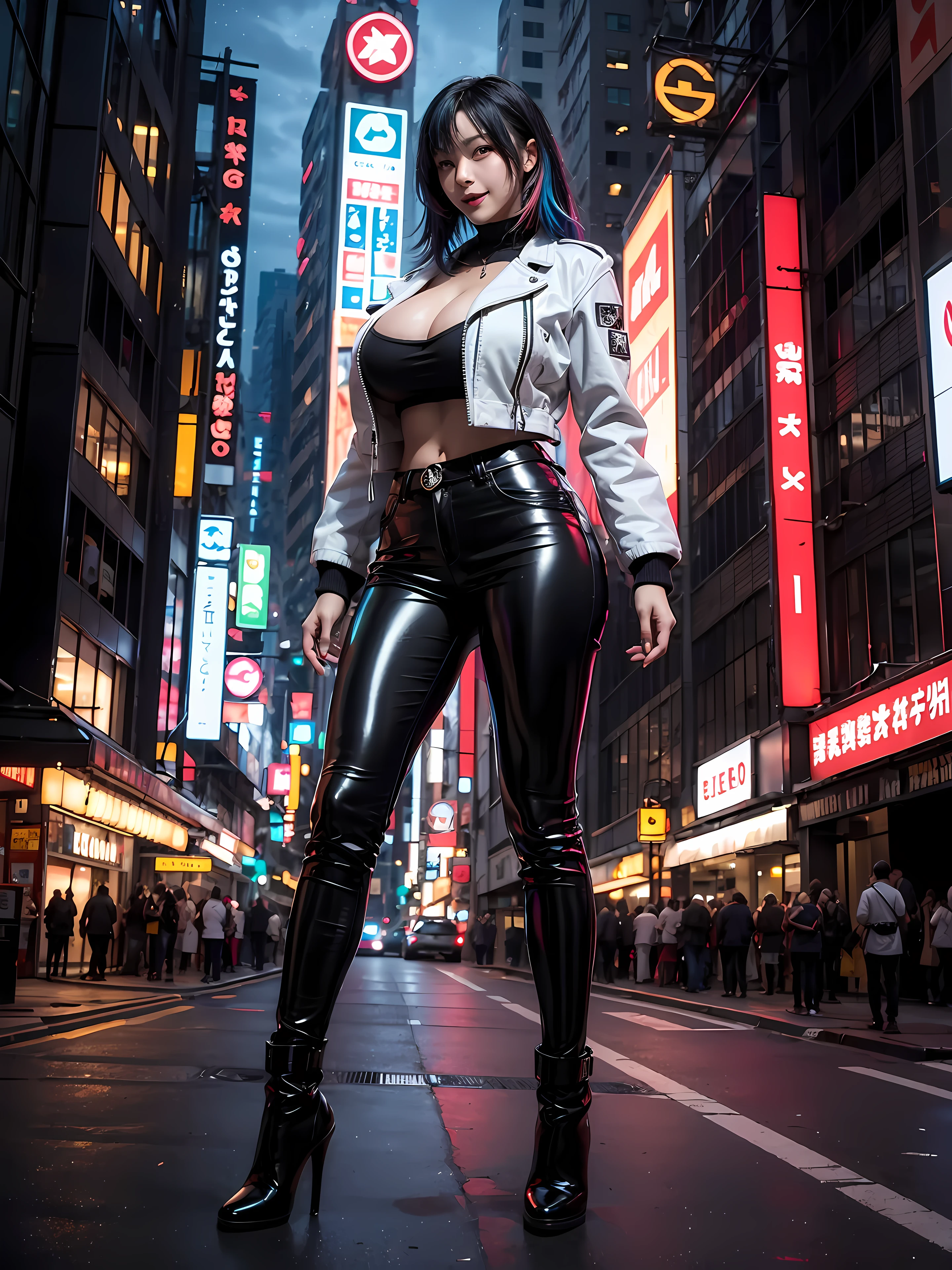 incredibly absurdres absolutely resolution, ultra detailed, official art, 8K wallpaper, masterpiece, (cyberpunk:1.2), (neon lighting;1.4), fullbody, (glowing building:1.5), starry sky,
BREAK
white leather jacket, black leather pants,
BREAK
(multicolor hair:1.4), Black hair, (enormous breasts:1.5), seductive smile, bashfully smile, mysterious aura,