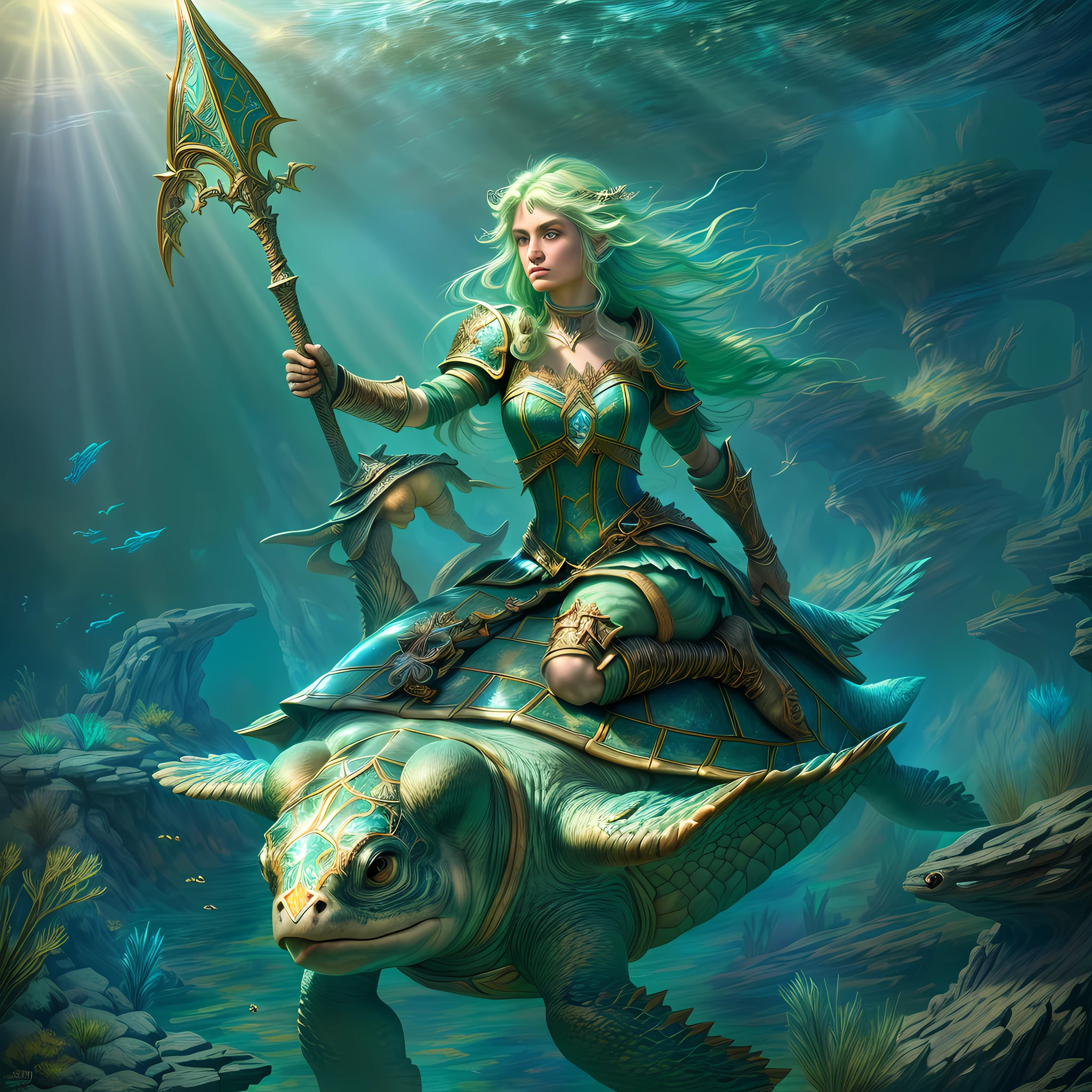 fantasy art, RPG art, a picture of a sea elf ranger riding her sea turtle mount under the sea, an exquisite beautiful female elf ultra feminine, druid, cleric of sea, (best details, fantasy art, Masterpiece, best quality: 1.4) with a long curvy hair, light green hair, blue eyes, (fantasy art, Masterpiece, best quality: 1.3), ((beautiful delicate face)), Ultra Detailed Face (intricate details, fantasy art, Masterpiece, best quality: 1.4) (anatomically correct: 1.5), wearing light armor, armed with a spear, wearing boots, she rides an epic sized turtle (intricate details, fantasy art, Masterpiece, best quality: 1.4) underwater background, fantasy sea, underwater light, [[natural sea life elements]], sun rays, dynamic atmosphere, soft light, dynamic light, high details, best quality, 16k, [ultra detailed], masterpiece, best quality, (extremely detailed), ultra wide angle)