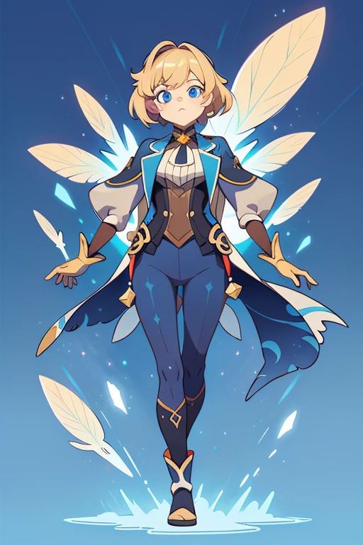 absurd res, high res, (masterpiece:1.4) genshin impact, genshin style, looking at viewer, standing, ultra-detailed, 1girl, accurate body limbs, full body, celestial, wearing a suit, coat, short tight pants, boots, dark color palette, dark blue color, abyss, gloves, crystals , blonde hair, blue eyes, short wavy hair, tall, simple background