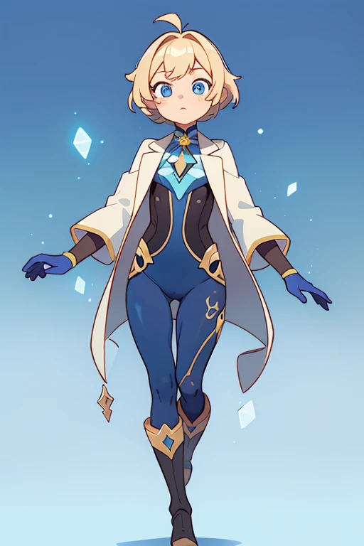 absurd res, high res, (masterpiece:1.4) genshin impact, genshin style, looking at viewer, standing, ultra-detailed, 1girl, accurate body limbs, full body, celestial, wearing a suit, coat, short tight pants, boots, dark color palette, dark blue color, abyss, gloves, crystals , blonde hair, blue eyes, short wavy hair, tall, simple background