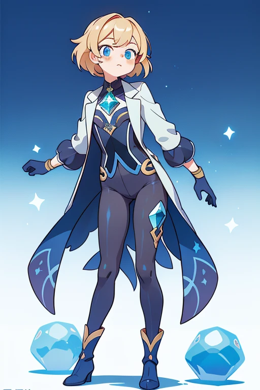 absurd res, high res, (masterpiece:1.4) genshin impact, genshin style, looking at viewer, standing, ultra-detailed, 1girl, accurate body limbs, full body, celestial, wearing a suit, coat, short tight pants, boots, dark color palette, dark blue color, abyss, gloves, crystals , blonde hair, blue eyes, short wavy hair, tall, simple background