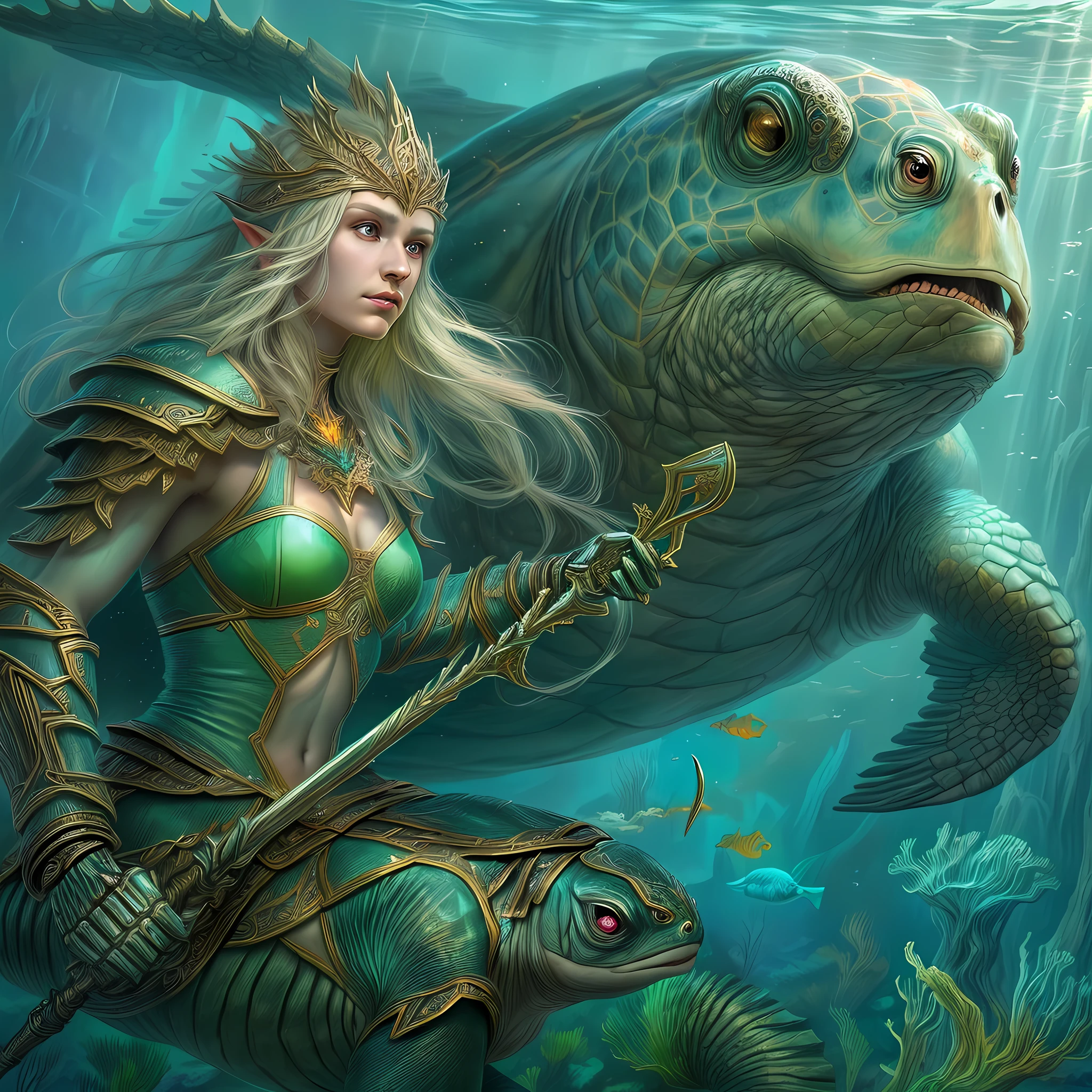 fantasy art, RPG art, a picture of a sea elf ranger riding her sea turtle mount under the sea, an exquisite beautiful female elf ultra feminine, druid, cleric of sea, (best details, fantasy art, Masterpiece, best quality: 1.4) with a long curvy hair, light green hair, blue eyes, (fantasy art, Masterpiece, best quality: 1.3), ((beautiful delicate face)), Ultra Detailed Face (intricate details, fantasy art, Masterpiece, best quality: 1.4) (anatomically correct: 1.5), wearing light armor, armed with a spear, wearing boots, she rides an epic sized turtle (intricate details, fantasy art, Masterpiece, best quality: 1.4) underwater background, fantasy sea, underwater light, [[natural sea life elements]], sun rays, dynamic atmosphere, soft light, dynamic light, high details, best quality, 16k, [ultra detailed], masterpiece, best quality, (extremely detailed), ultra wide angle)