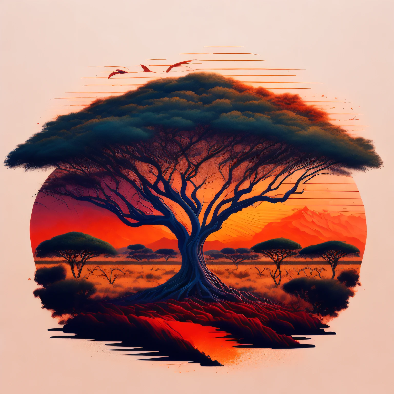 An African thorn tree standing in a picturesque savannah landscape, servindo como um design de camiseta cativante com detalhes intrincados e cores vibrantes, Inspirado por @A cativante arte vetorial da rzminjourney.