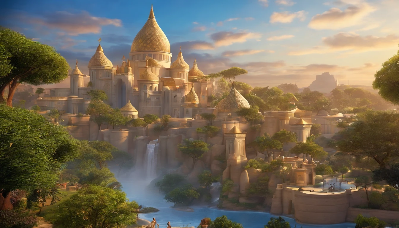 a pixa Disney cartoon of biblical time city in heaven very beautiful with big tall houses, bible times, a very beautiful place in heaven, birds flying in the sky, beautiful tress, animals, lions, tigers playing animated film, 3 d animated movie, animated still, animated movie, (8k) (Cinematic lighting) , photo, 3d render, cinematic