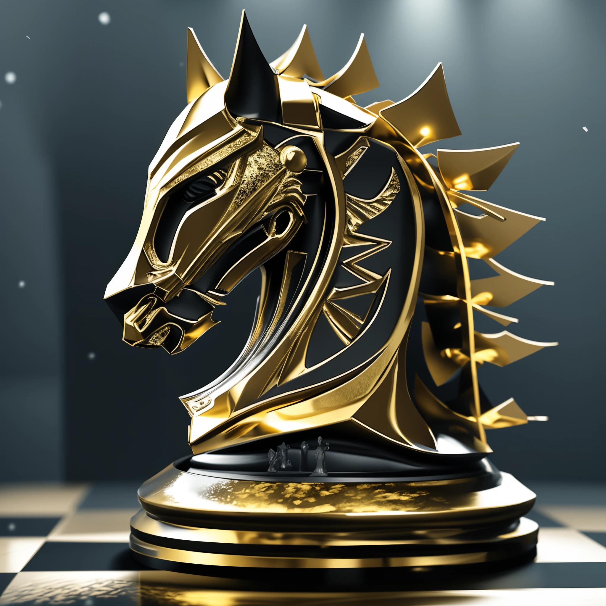 golden horse head on a chessboard, chess knight, Knight Chess, 3D sculpture with 8K octane rating, depicted as a 3 d render, 3D sculpture with an octane rating of 8 K, rendered in keyshot, chess figure, glowing chess knight, Developed in a blender, chess, 8k octae render photo, rendered in corona, created in octane render