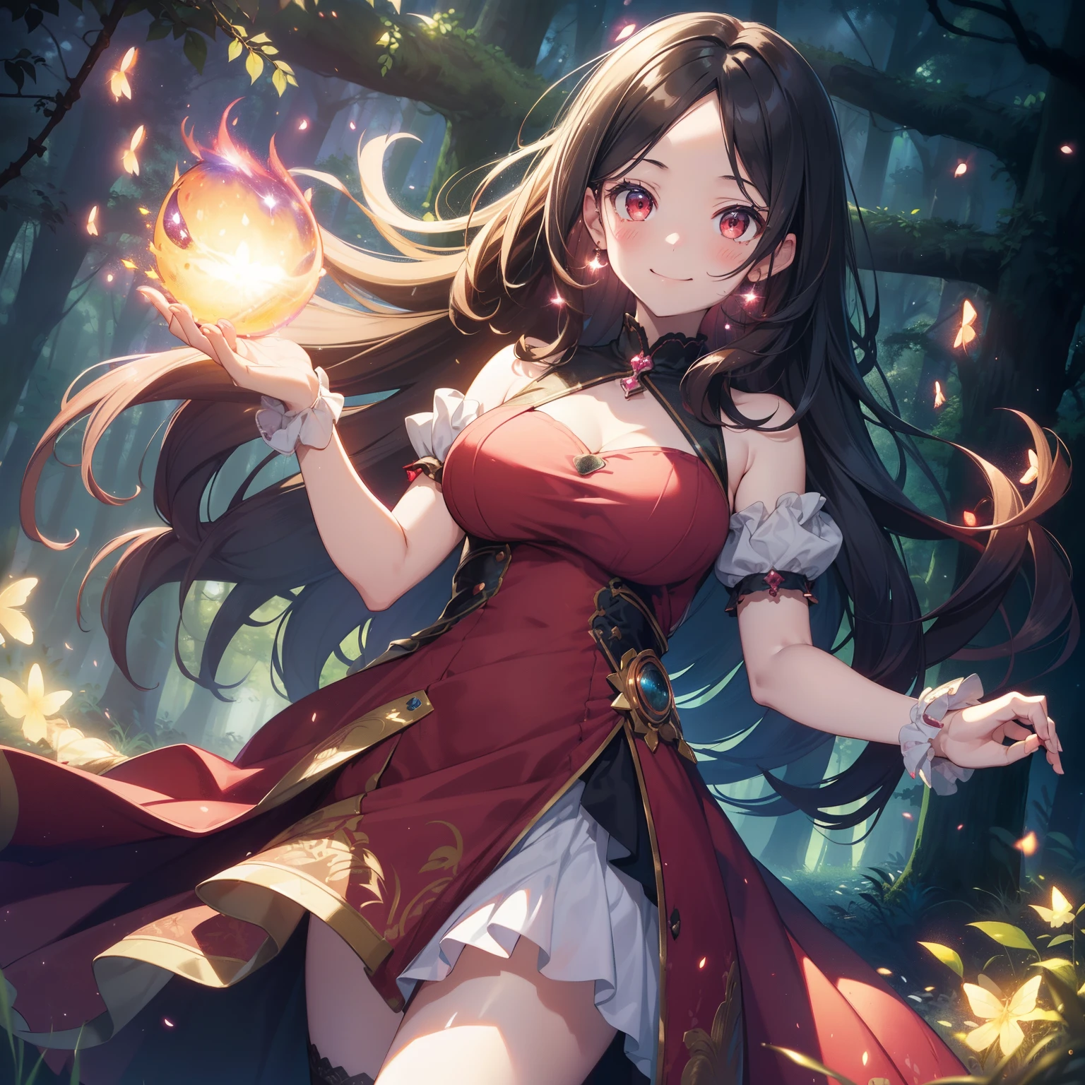 (masutepiece,Best Quality,8K),(extremely detailed CG1.1),teens girl,Smile,large boob,(From below:1.2),Intricate details , Hyper realistic, Perfect Anatomy,A dark-haired,Red Eyes,(((Forehead))),Permed hair with wavy hair,(((length hair))),Hair over one eye,hair slicked back,Full body,(((princess dress ))),blush,Happy smile,(((A magical forest with glowing fireflies))),Lens Flare,Wind,Magnificent view,(chromatic abberation:1.3),Dynamic Angle,Cowboy Shot,Looking at Viewer,is standing,float