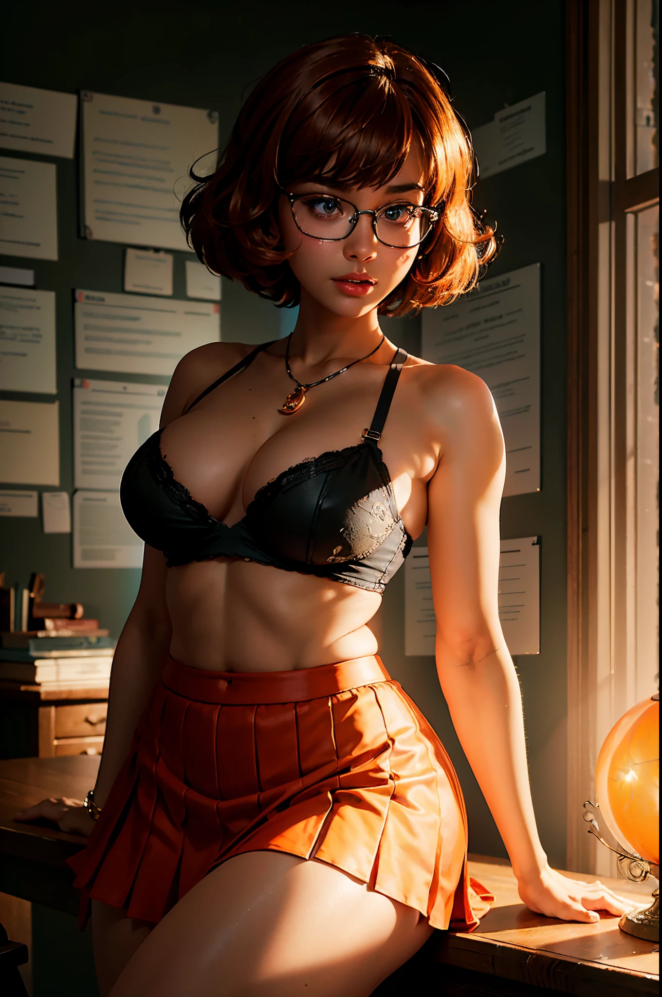 Generate an image of Velma from Scooby-Doo, best quality, (masterpiece:1.2), (highly detailed), (dynamic pose:1.2), 1girl, solo, looking at viewer, short hair, skirt, large breasts, brown hair, brown eyes, pleated skirt, glasses, kneeling, orange strapless bra, detailed haunted graveyard background, (cg realistic), 8k, hyperdetail, ((anchor tattoo on arm)), masterpiece, best quality:1.2),(8k,highres,RAW photo,realistic,photo-realistic:1.3),(detailed skin texture,detailed cloth texture,beautiful detailed face:1.25),professional lighting,photon mapping,beautiful soft light,radiosity,physically-based rendering,model shoot style, model shoot style, (extremely detailed CG unity 8k wallpaper), full shot body photo of the most beautiful artwork in the world, complex 3d render ultra detailed, looking at viewer, 18 yo, wet hair, real human skin, vibrant details, hyperrealistic, beautiful, octane render, 8k, best quality, masterpiece, an extremely delicate and beautiful, extremely detailed ,CG ,unity ,wallpaper, (realistic, photo-realistic:1.37),Amazing, finely detail, masterpiece,best quality,official art, extremely detailed CG unity 8k wallpaper ,extreme detailed eyes, (perfect face), shiny skin, colorful, highest detailed, vibrant colors, ultra high res, (high contrast), intricate, lens flare,