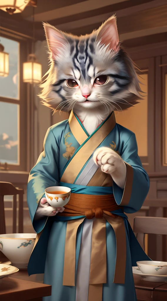 Anthropomorphic ragdoll cat, Hanfu, Teacup in hand, With a smile, winking, high detail, panorama, 4K, best quality