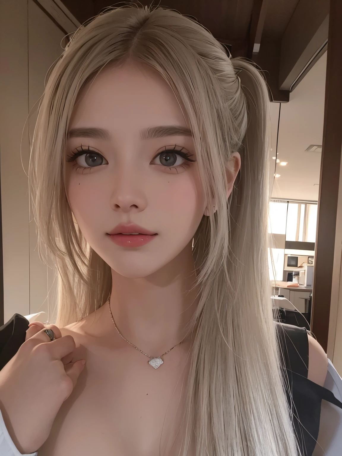 tmasterpiece, Mejor calidad de imagen, Alta calidad, Mujeres hermosas, JPN, maquillaje coreano popular, Un detallado, Ojos hinchados, ojos detallados, Aspectos detallados, Pieles hermosas, 超A high resolution, (Realista: 1.4), es muy hermoso, slightly younger face, Pieles hermosas, delgado, (Ultra foto realsisim), (ilustratio), (A high resolution), (8k), (El es muy detallado) (best illustration), (hermosos ojos detallados), (Ultra-detallado), (El fondo de pantalla), (Una cara detallada), Mirando a Viewert, finamente detallado, Una cara detallada,pureerosfaceace_v1,smil,Mirando al frente,Mirando al frente,From the waist angle up,De-realistic photography,Luces brillantes,profesional lighting,cabello plateado,Pelo largo blanquecino,Ruinas oscuras,Vestidos de turno,Mujer madura,largo, flequillo elegante,