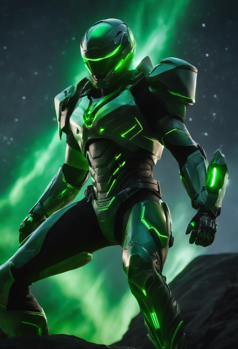 A man in a green suit standing on a rock with a green light - SeaArt AI