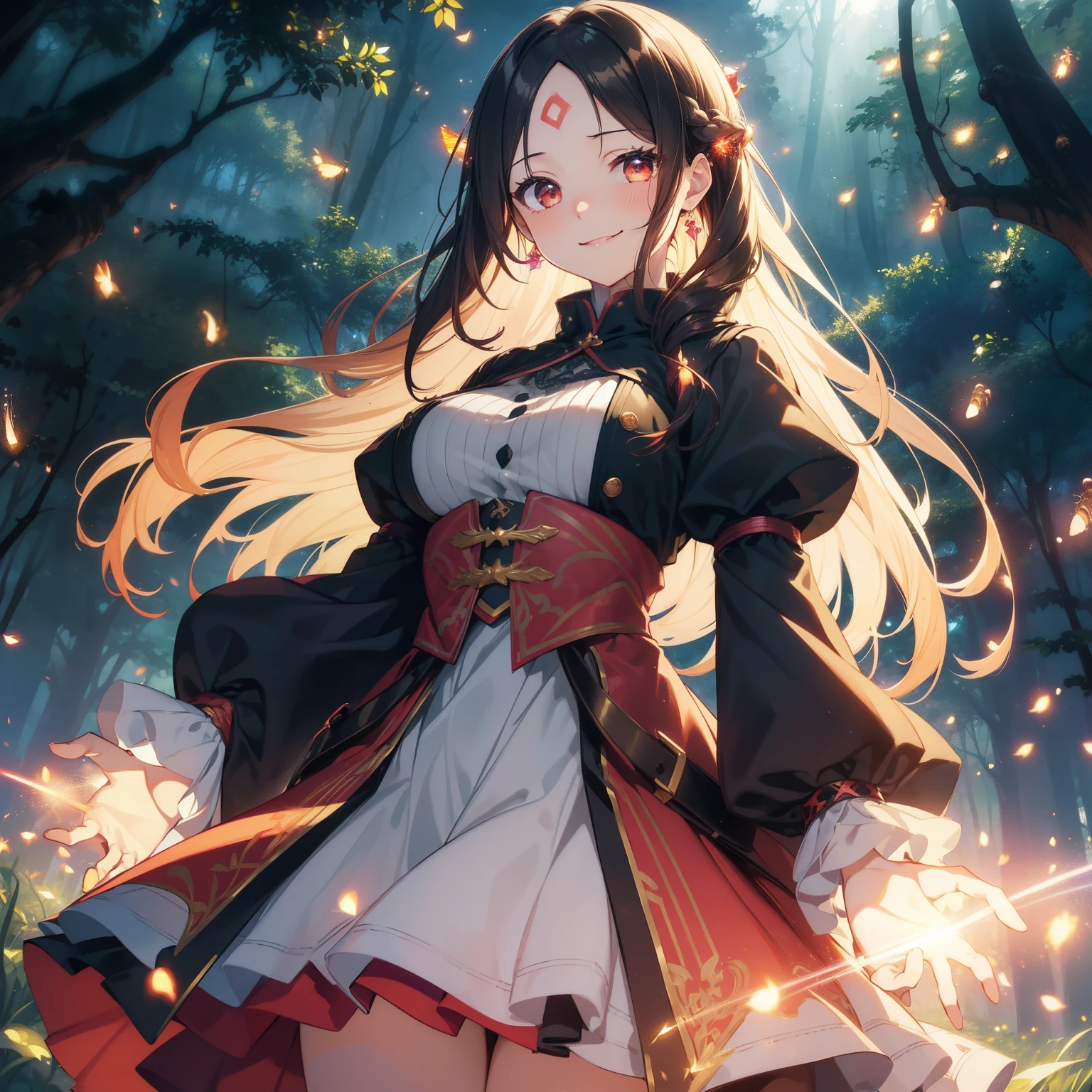 (masutepiece,Best Quality,8K),(extremely detailed CG1.1),teens girl,Smile,large boob,(From below:1.2),Intricate details , Hyper realistic, Perfect Anatomy,A dark-haired,Red Eyes,(((Forehead))),Permed hair with wavy hair,(((length hair))),Hair over one eye,hair slicked back,Full body,(((princess dress ))),blush,Happy smile,(((A magical forest with glowing fireflies))),Lens Flare,Wind,Magnificent view,(chromatic abberation:1.3),Dynamic Angle,Cowboy Shot,Looking at Viewer,is standing,float
