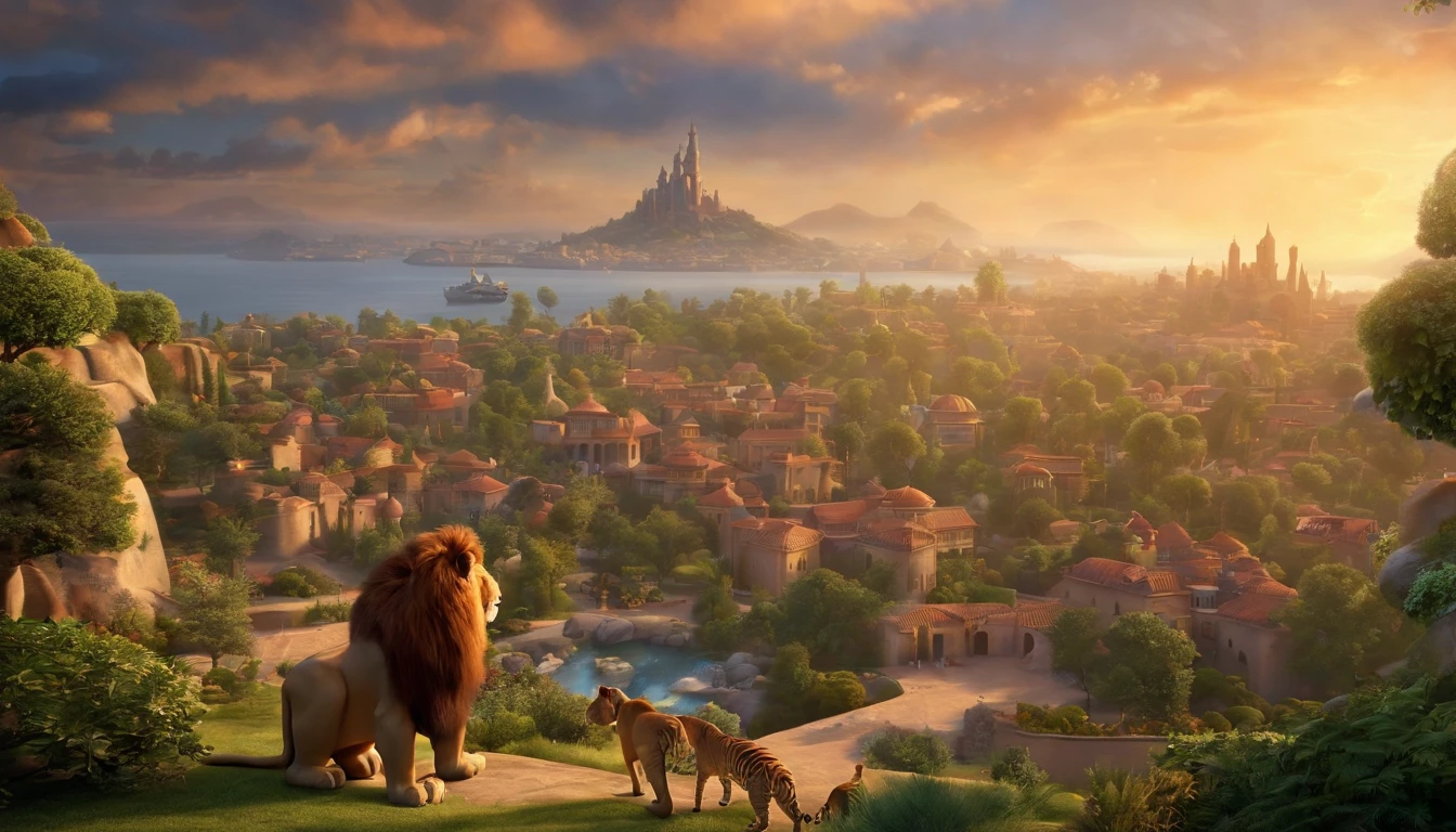 "Imagine a movie poster in the unmistakable Disney Pixar style. a pixa Disney cartoon of biblical time city in heaven very beautiful with big tall houses, bible times, a very beautiful place in heaven, birds flying in the sky, beautiful tress, animals, lions, tigers playing animated film, 3 d animated movie, animated still, animated movie, (8k) (Cinematic lighting) , photo, 3d render, cinematic