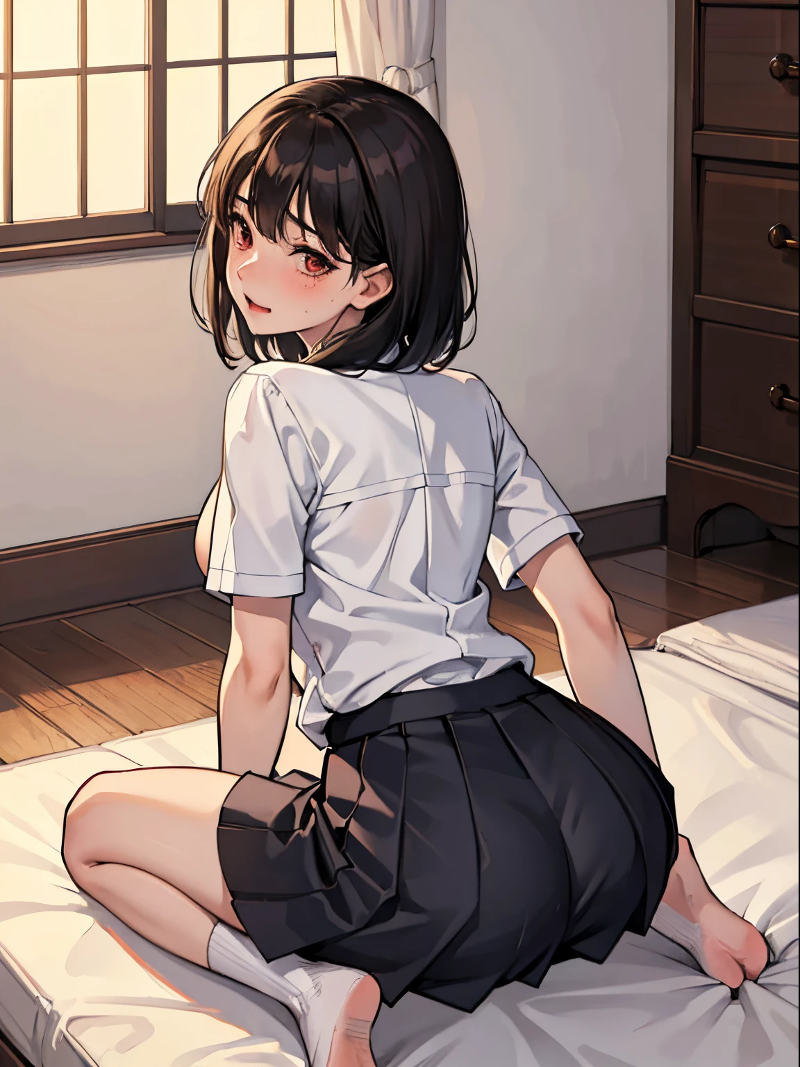 nsfw,Ms. Nagatoro,sex from behind,one woman,school uniform,spread legs,on all fours,lift up skirt,boobs,tiny breasts,vagina,butt,wet body,cute face,moaning,embarrassed,short hair,black hair,darkred eyes,from behind,on the bed,indoor,sex toys,illustration style,masterpiece, extremely fine and beautiful,illustration,female ejaculation,Japanese