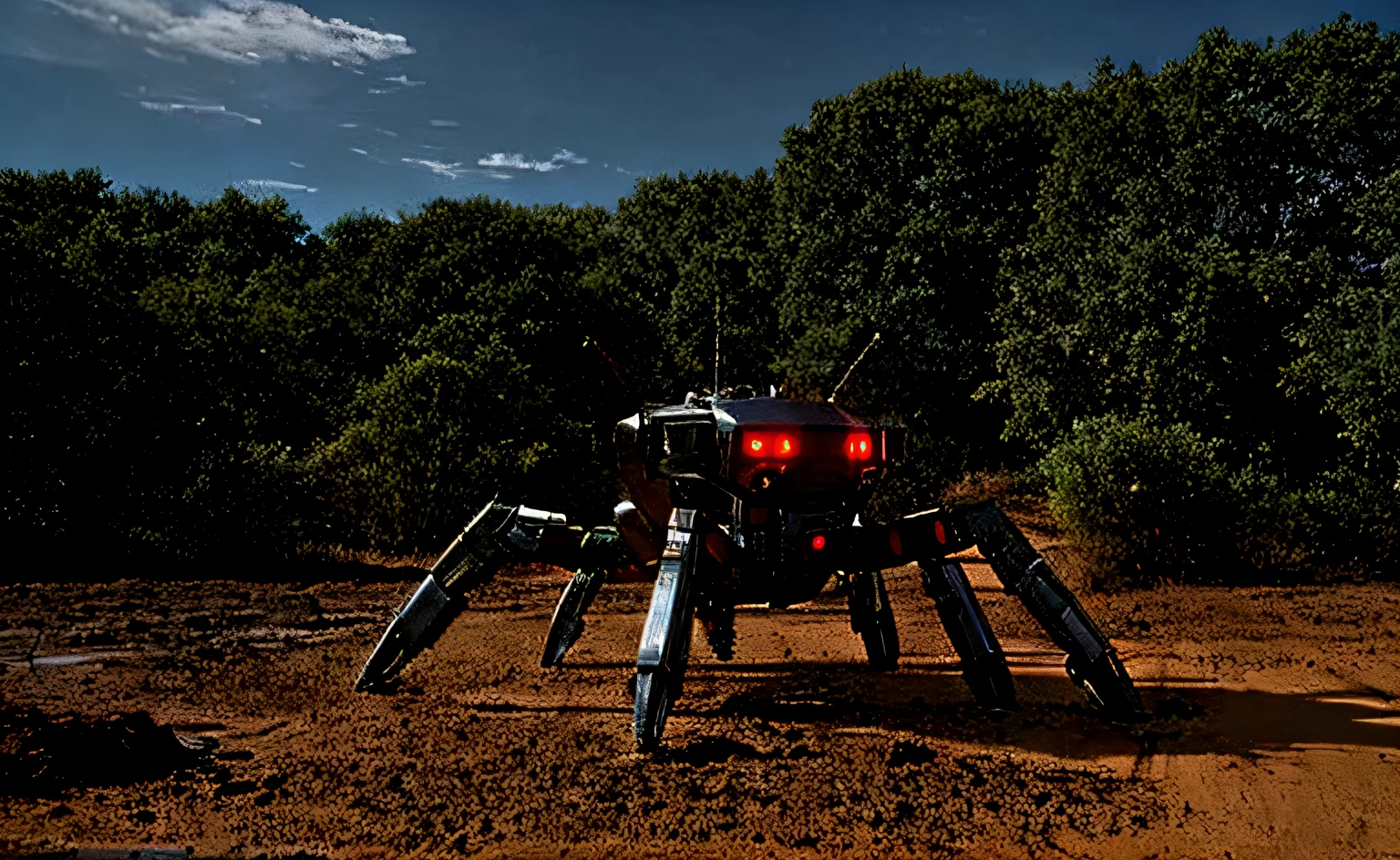 there are a lot of metal spider robots standing in the mud, Sci-fi robot spiders