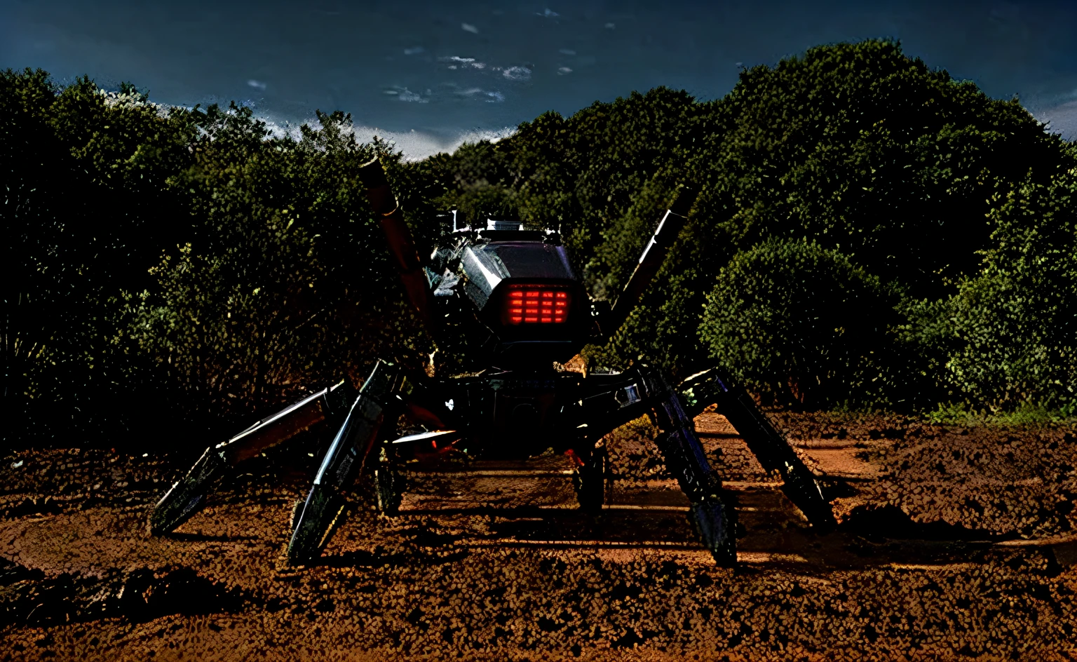there are a lot of metal spider robots standing in the mud, Sci-fi robot spiders