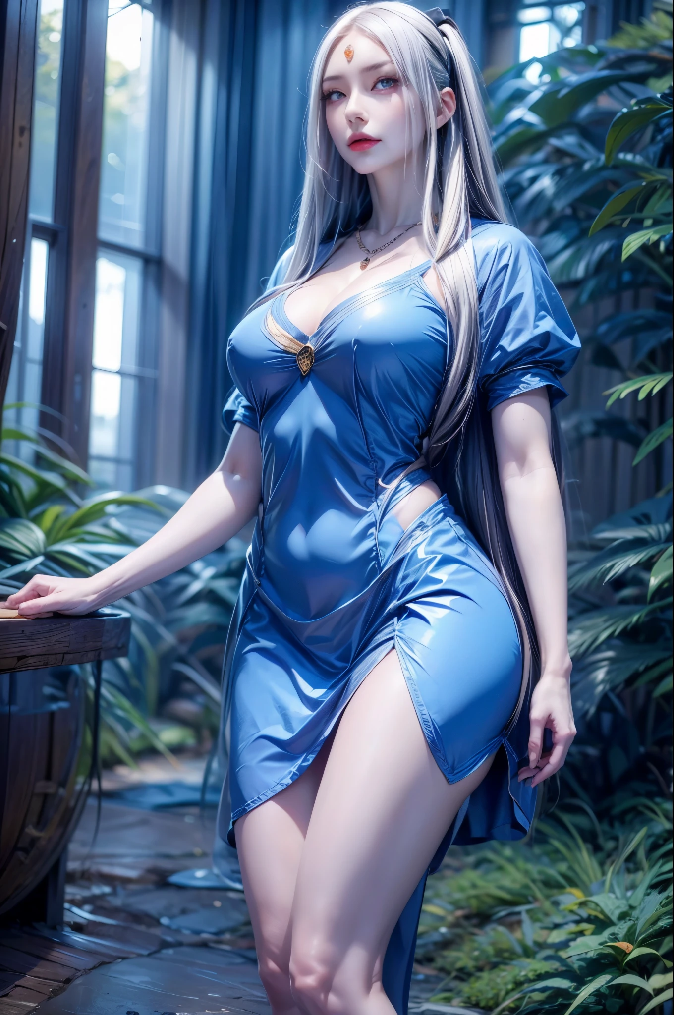 realistic, 1 women, best quality, 12k, HD, long hair, big round breasts, cleavage, ponytail, necklace, jewelry, shorts, short jacket, slim hips, hair tie, yellow eyes, black hair, super detailed, Eye details, hair details, person details, mouth details, face details, breast details, clothes details, hair details, pants details, hand details, whole body