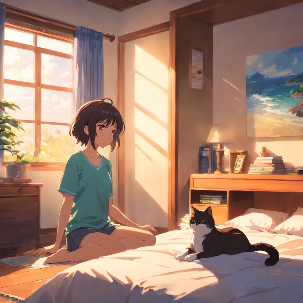 obra-prima, melhor qualidade, filme ainda, 1girl, Uma menina meditando em seu quarto em cima da cama ao lado de seu gato