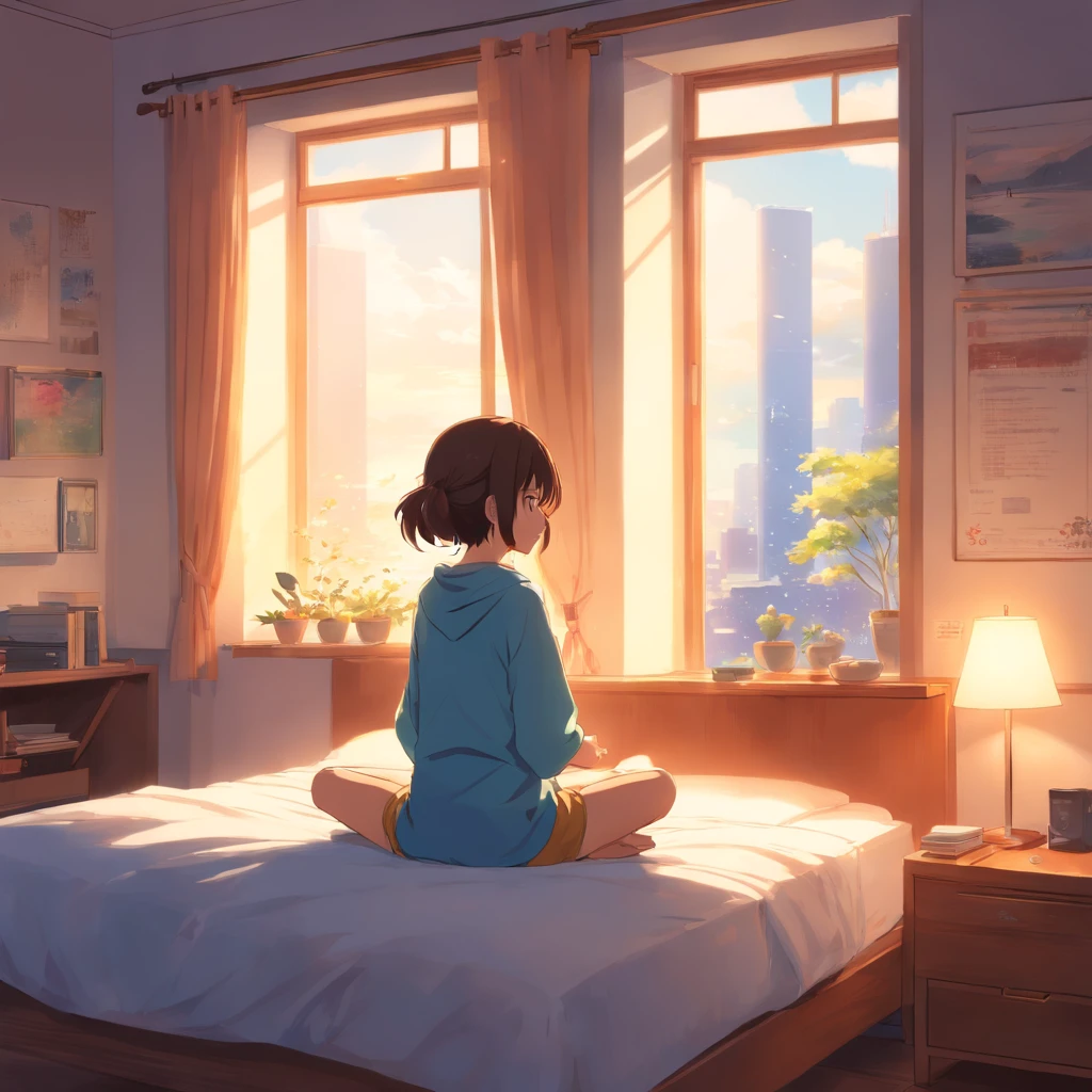 obra-prima, melhor qualidade, filme ainda, 1girl, Uma menina meditando em seu quarto em cima da cama ao lado de seu gato