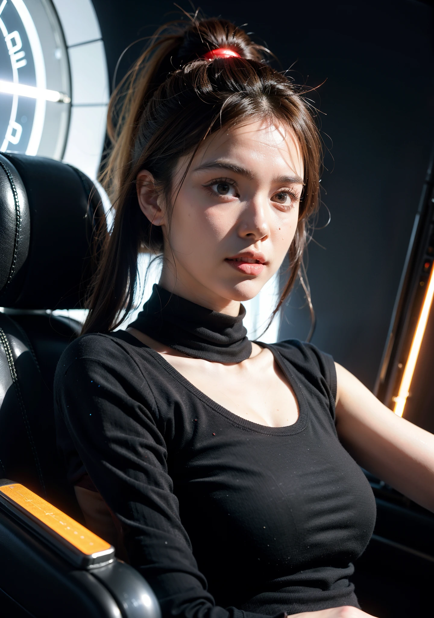Girl driving spaceship during daytime，Realistic and perfect hair lighting effect，Have technological equipment，Perfect light effects，Cyberpunk style city，Have a science fiction background，There are lasers，There are lasers，In the universe，large panorama