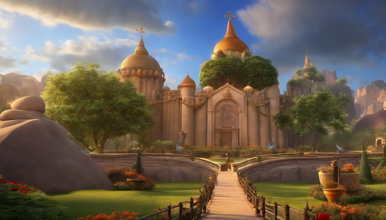 "Imagine a movie poster in the unmistakable Disney Pixar style. a pixa Disney cartoon of biblical time city in heaven, walking around, a very beautiful with big tall houses, bible times, a very beautiful place in heaven, birds flying in the sky, beautiful tress, animals, lions, tigers playing animated film, 3 d animated movie, animated still, animated movie, (8k) (Cinematic lighting) , photo, 3d render, cinematic
