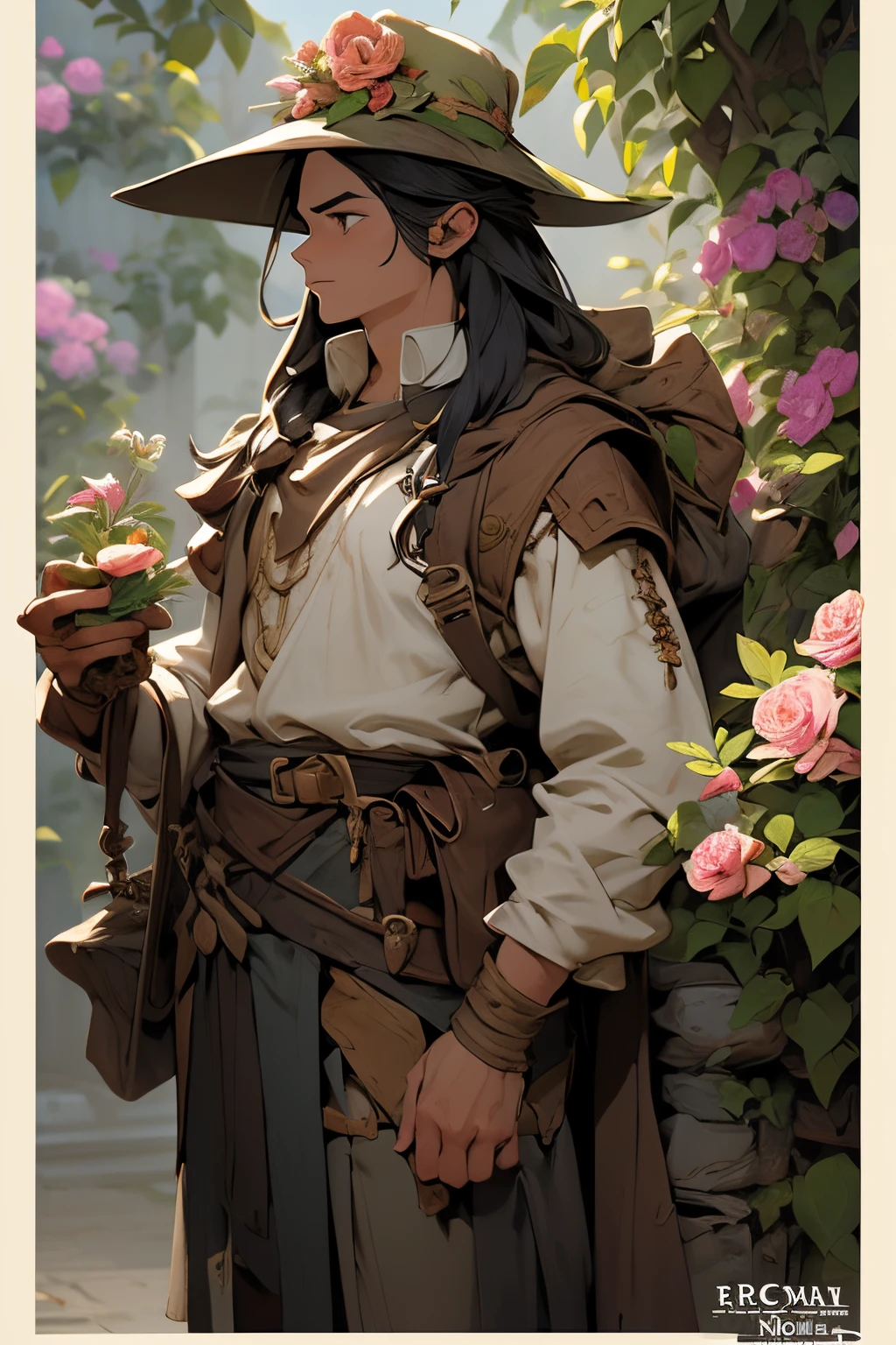 original character design, character sheet, 1boy, fae, long hair, flowers, vintage style