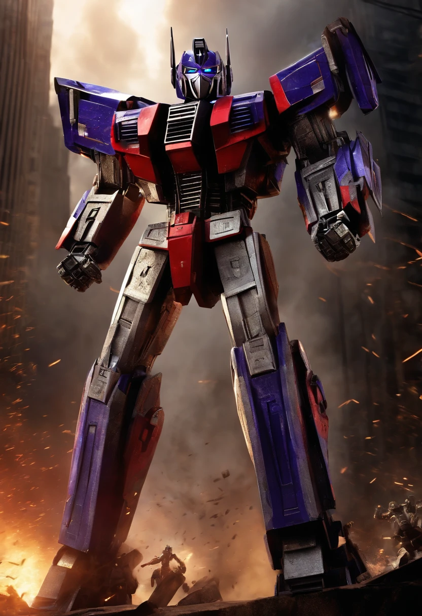 An image of the psychotic second in command transformer of the Decepticons standing on top of a captured Autobot base, with sparks flying from the damaged machinery as she raises her arms in triumph.,Transformers,starscream