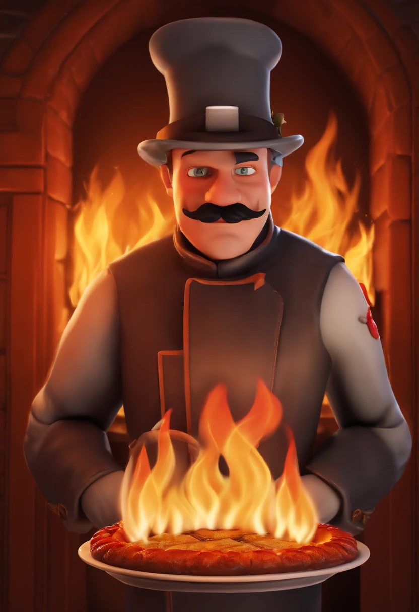 A close-up of FireplaceFrank wearing a fire-themed chef's hat and holding a flaming dessert, standing in front of a modern gas fireplace.,original,FireplaceFrank has red hair and a handlebar moustache