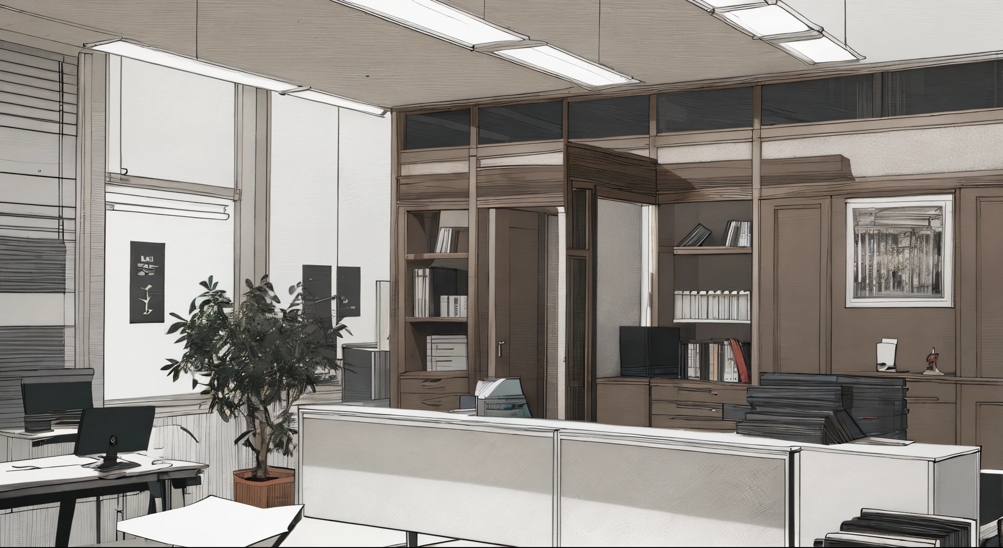 there is a room with a desk, chairs, and a book shelf, offices, office furniture, modern office, office interior, office room interior, cubical meeting room office, professional render, backrooms office space, office background, professional comercial vibe, in office, huge office, accent lighting : : peugot onyx, harmony black room, home office interior, office