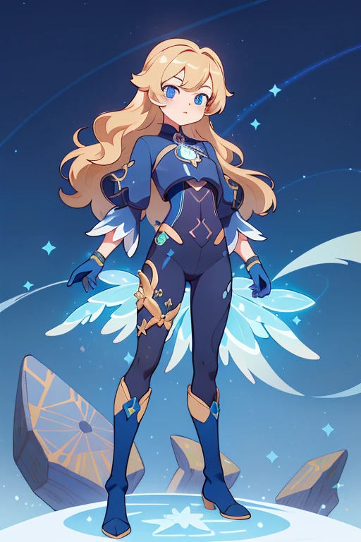 absurd res, high res, (masterpiece:1.4) genshin impact, genshin style, looking at viewer, standing, ultra-detailed, 1girl, accurate body limbs, full body, celestial, galaxy, short tight pants, boots, dark color palette, dark blue color, abyss, gloves, crystals , blonde hair, blue eyes, long wavy hair, tall, simple background