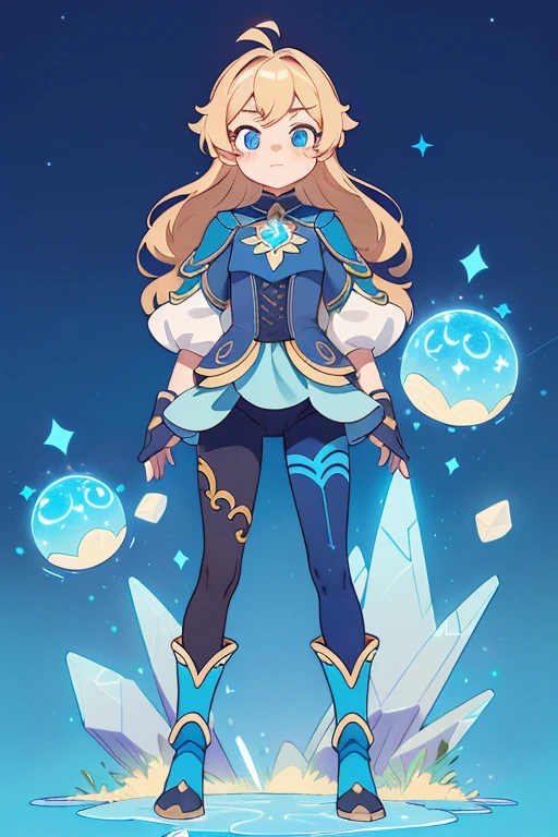 absurd res, high res, (masterpiece:1.4) genshin impact, genshin style, looking at viewer, standing, ultra-detailed, 1girl, accurate body limbs, full body, celestial, galaxy, short tight pants, boots, dark color palette, dark blue color, abyss, gloves, crystals , blonde hair, blue eyes, long wavy hair, tall, simple background