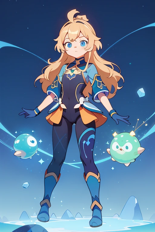 absurd res, high res, (masterpiece:1.4) genshin impact, genshin style, looking at viewer, standing, ultra-detailed, 1girl, accurate body limbs, full body, celestial, galaxy, short tight pants, boots, dark color palette, dark blue color, abyss, gloves, crystals , blonde hair, blue eyes, long wavy hair, tall, simple background